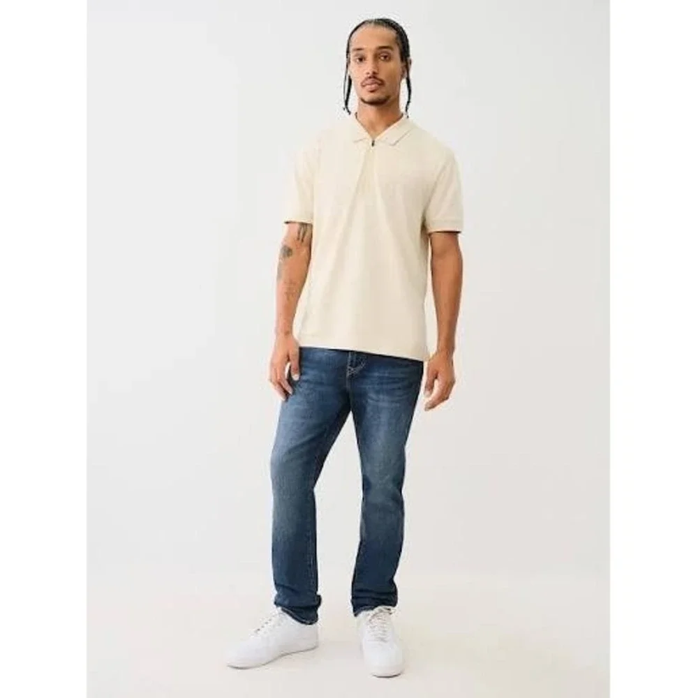 True Religion Mens Tape Logo Zipper Polo Shirt Color Fog Medium New